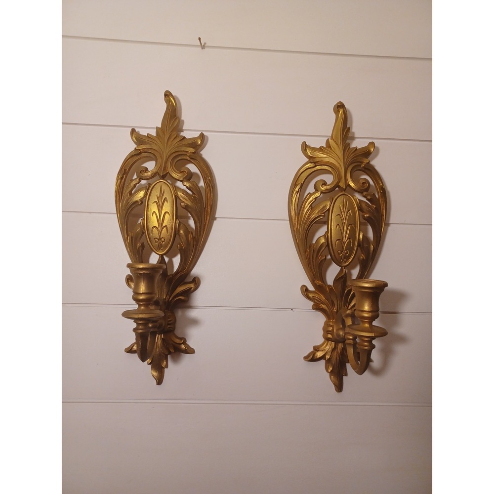 Vintage syroco ornate gold candle holder wall sconces